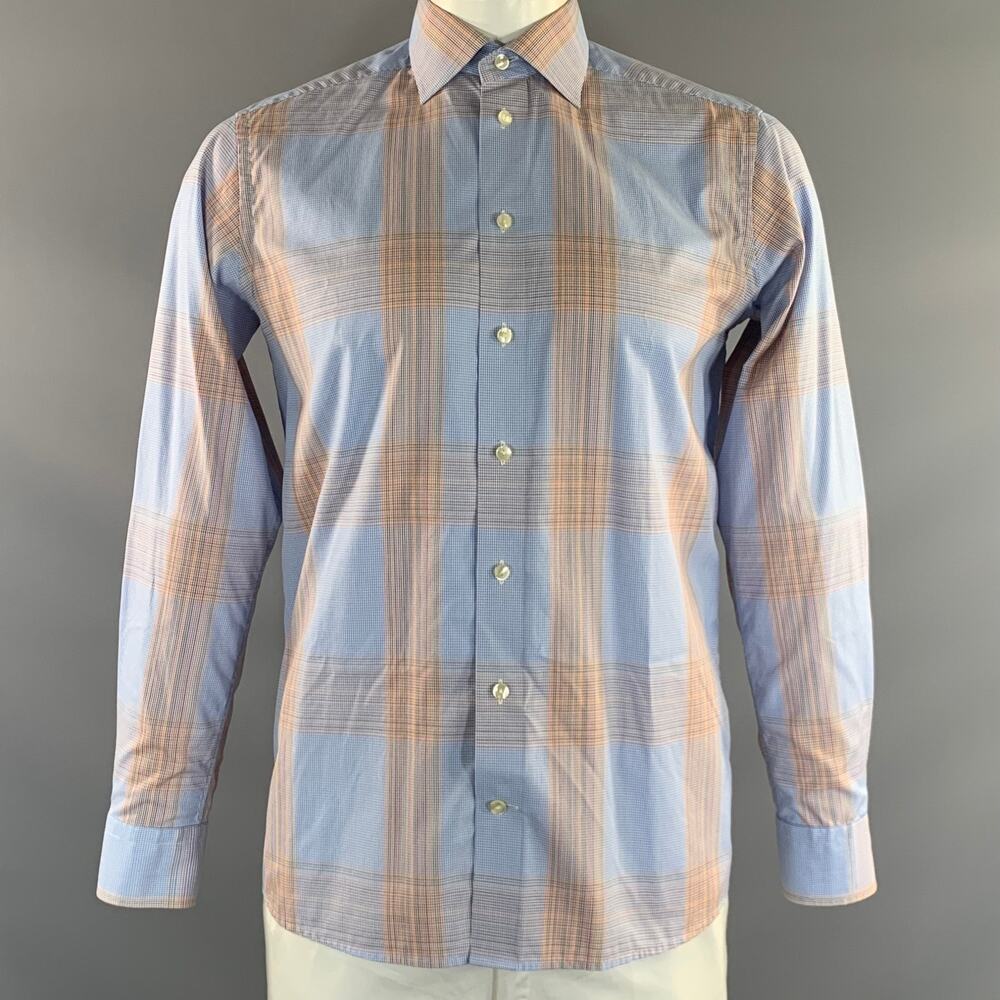 ETON Size 40 Blue Orange Plaid Cotton Button Up Long Sleeve Shirt